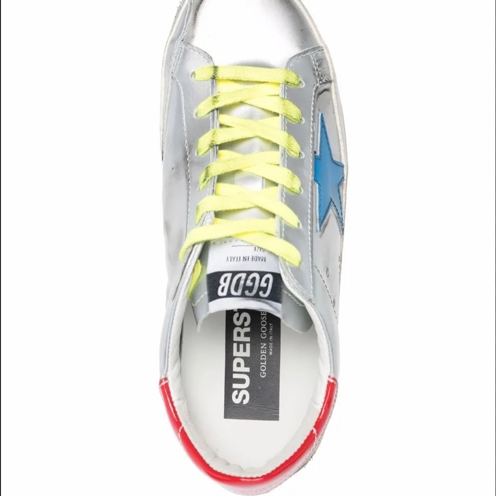 Golden Goose Silver with Blue Star and Neon Yellow Laces - Picture 3 of 9